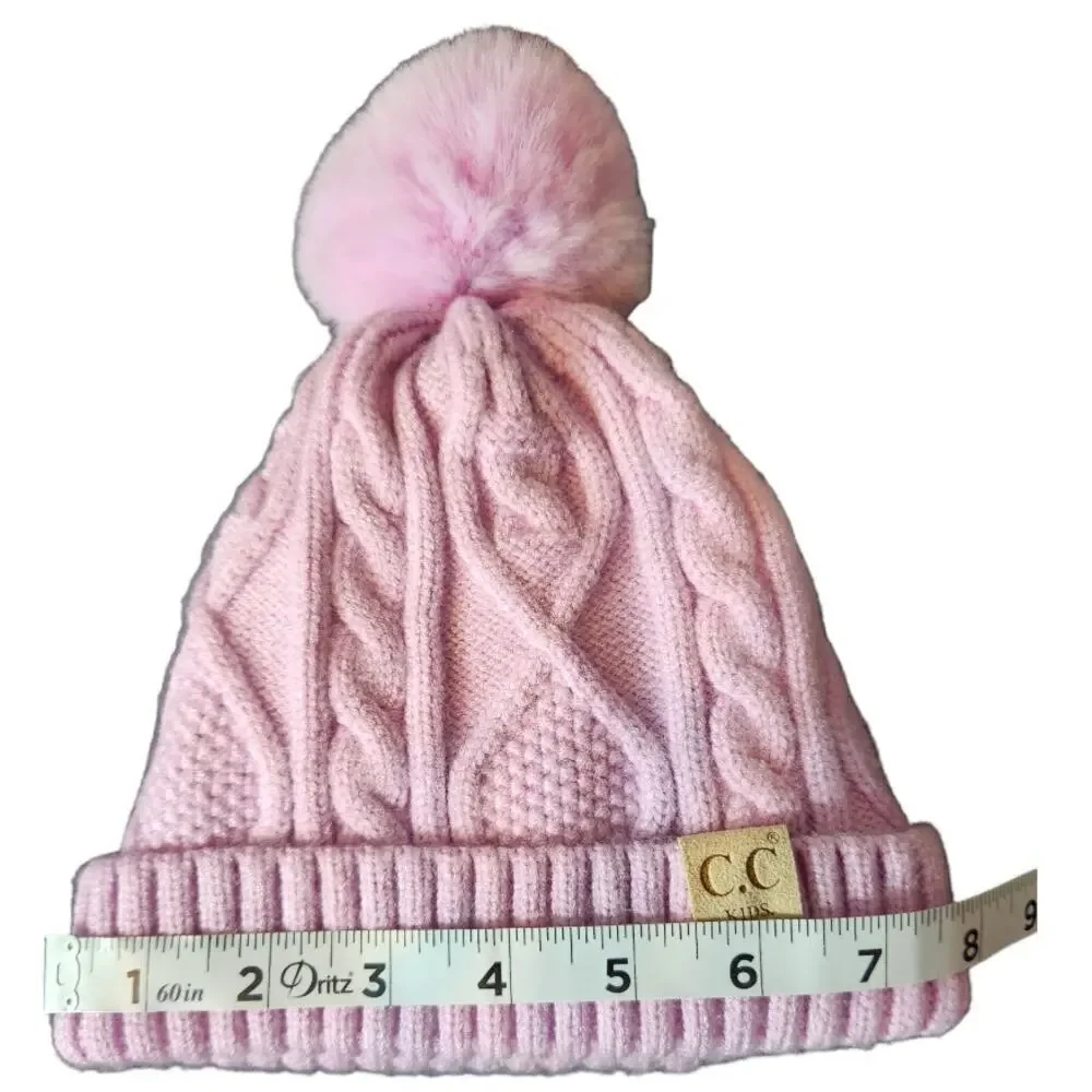 CC‎ kids cable knit lined stocking hat with pom pink/purple